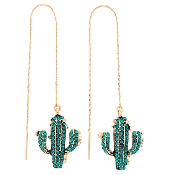 Jewelry - Goldtone Green Crystal Cactus Threader Earrings